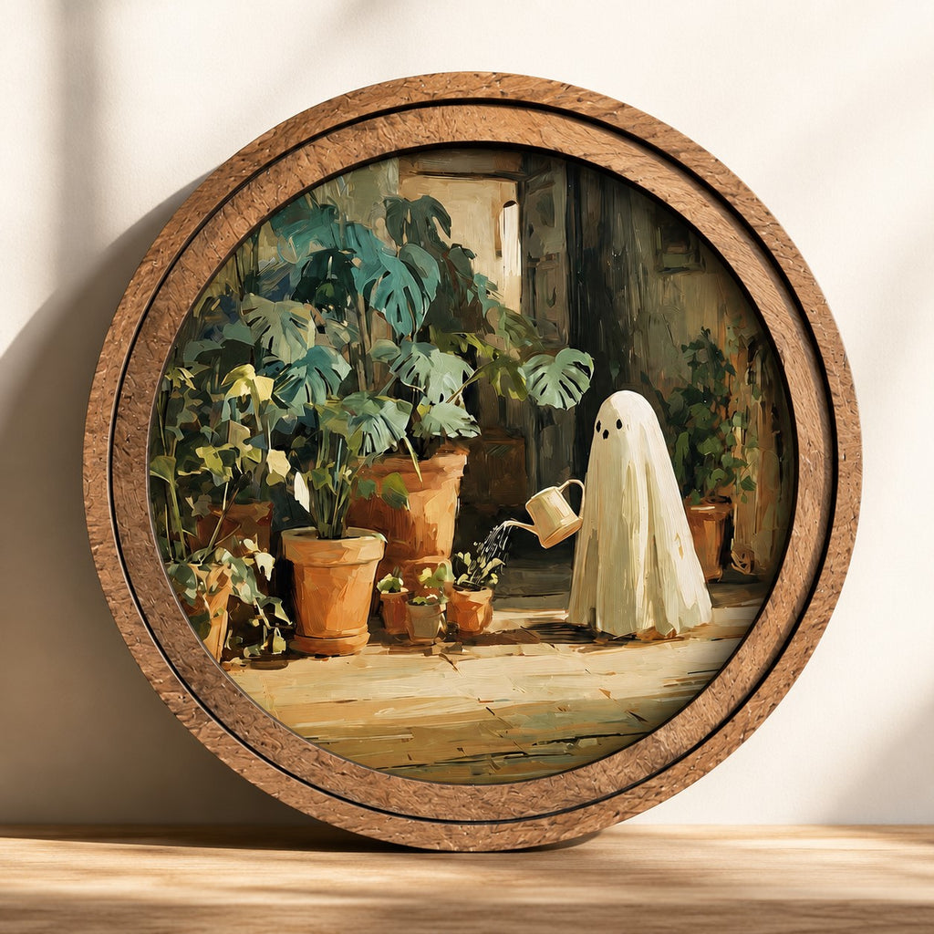 Round wooden-framed ghost gardener artwork leaning against a cream wall with warm sunlight, featuring a whimsical ghost watering houseplants.