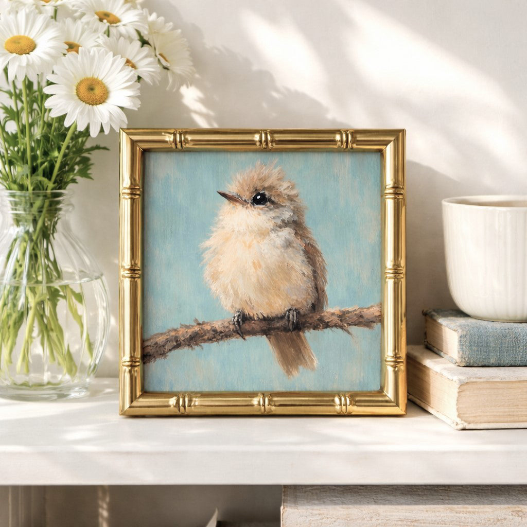 petite 4x4 bird art print, set in a gleaming metal bamboo-style frame. The painterly bird design and serene blue background lend a light, airy feel, while the warm metallic finish adds a note of classic elegance.
