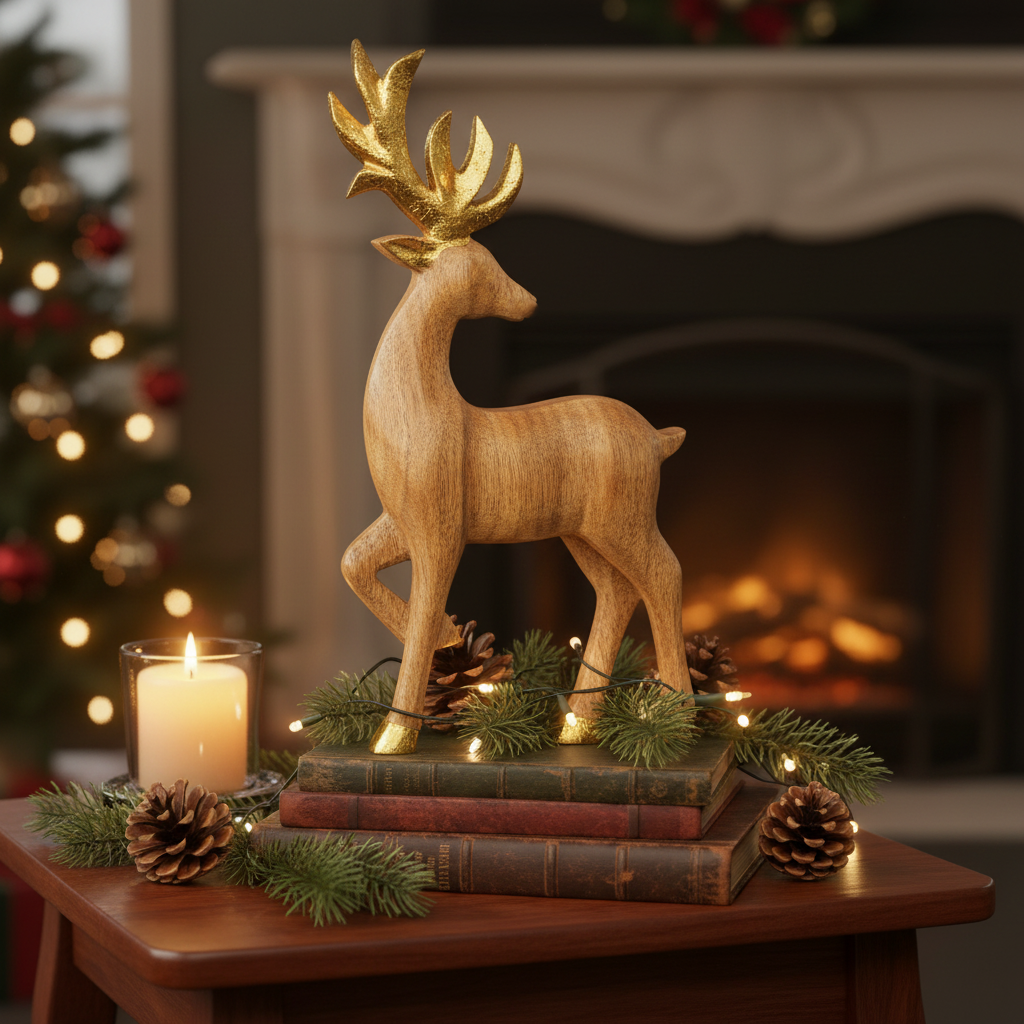 Mango wood deer figurine with natural wood grain finish for holiday farmhouse decor