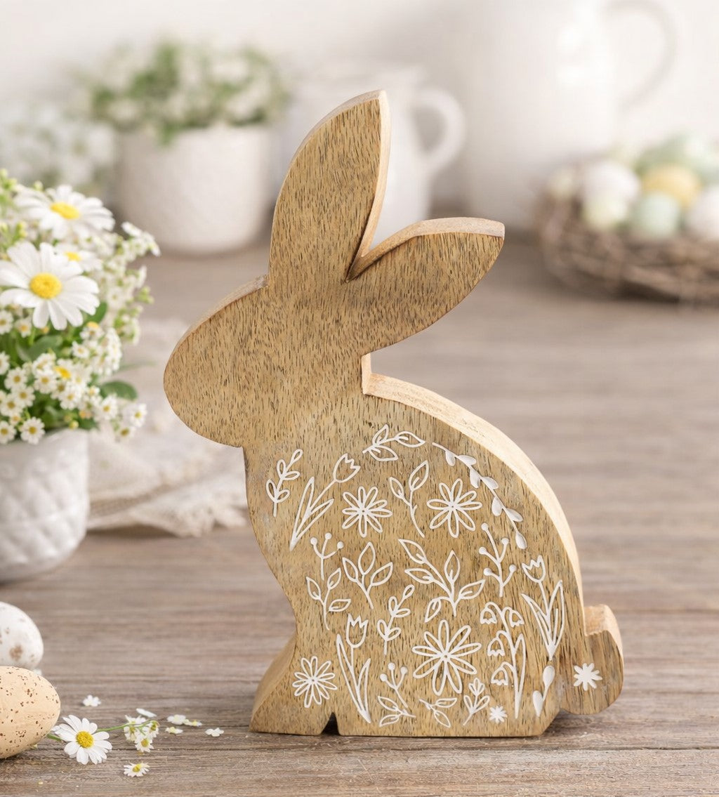 Natural mango wood Easter bunny with hand-painted white floral accents -home decor