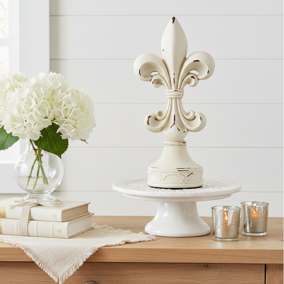 Margaux Fleur de Lis 11 inch antique white resin decorative accent 
