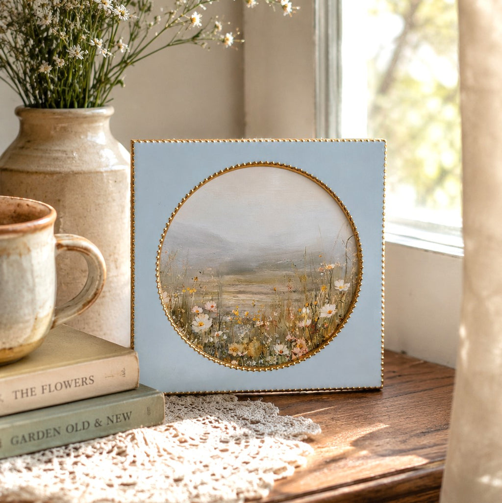 wildfower landscape art print in blue ceramic frame