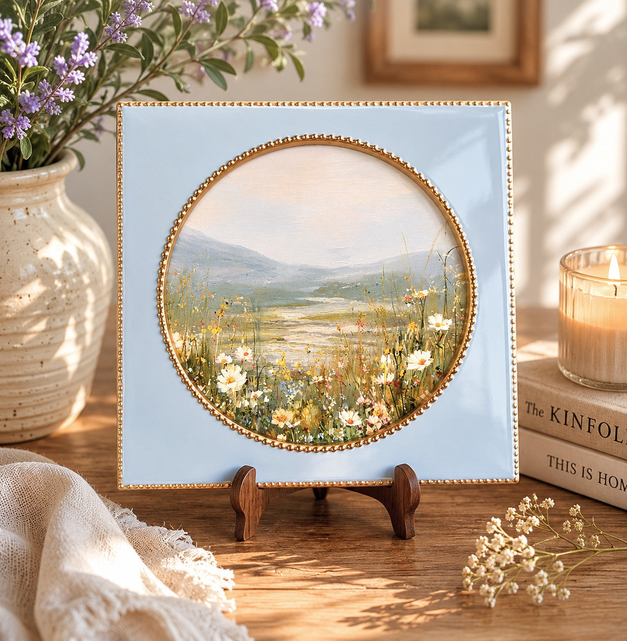 Decorative painting of a landscape in blue ceramice frame, surrounded by books and a candle.