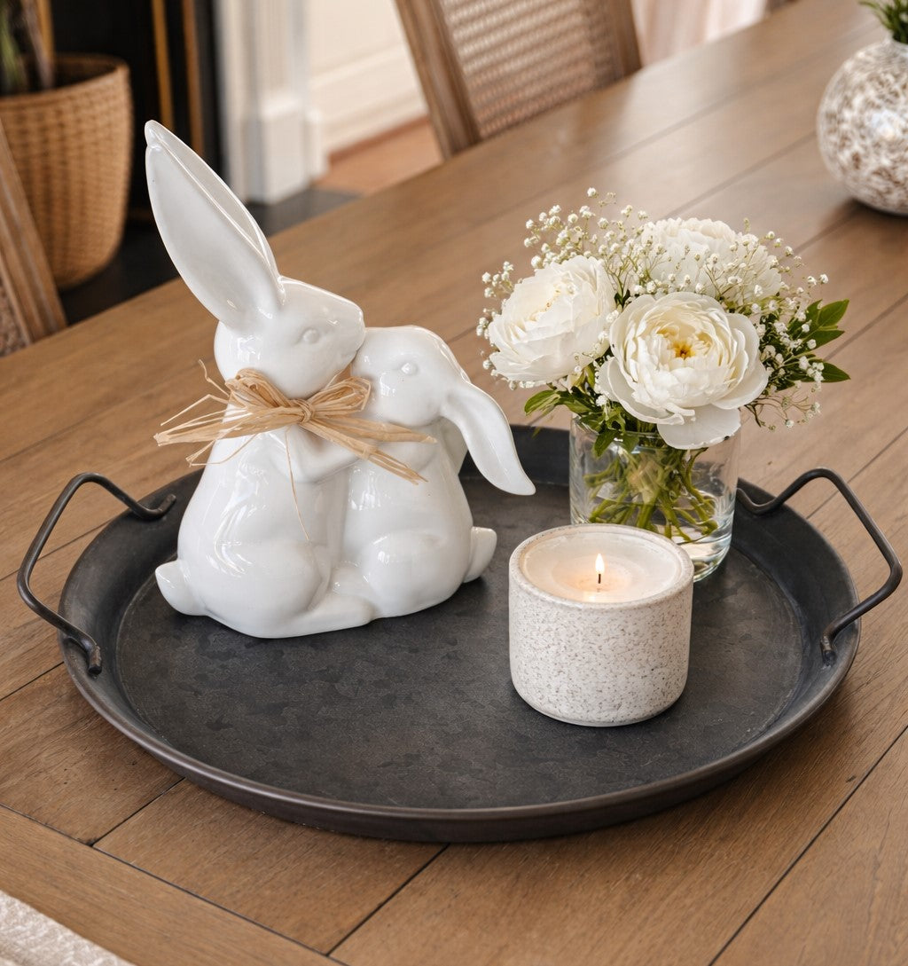 Beckett 12 inch round metal serving tray with distressed vintage finish and decorative rim, rustic farmhouse style