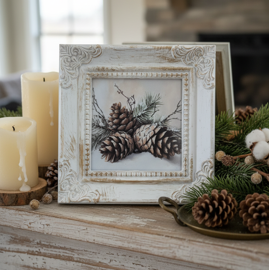 Mini pine cones art 4x4 inch framed print farmhouse decor