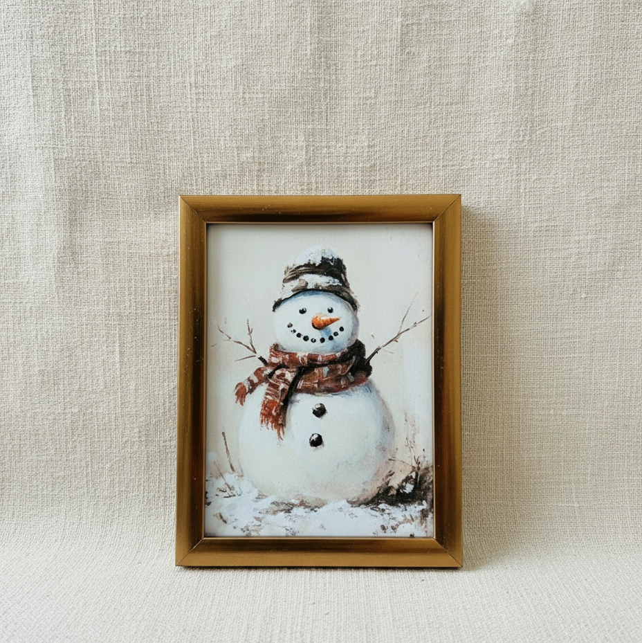 Mini snowman framed print 3x4 inch bronze frame farmhouse holiday decor