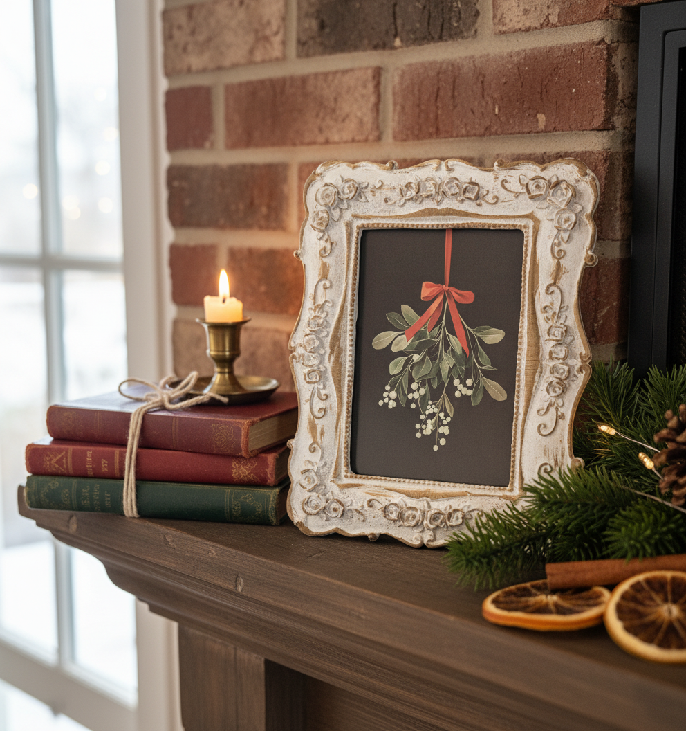 Mistletoe Framed Art 5x7" - Vintage Christmas Print