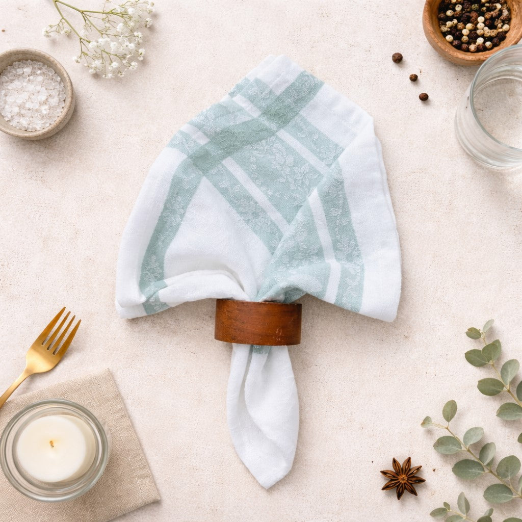 Aqua Jacquard Napkin, 18 by 18 inch cotton napkin with soft aqua striping and botanical detailing for dining decor