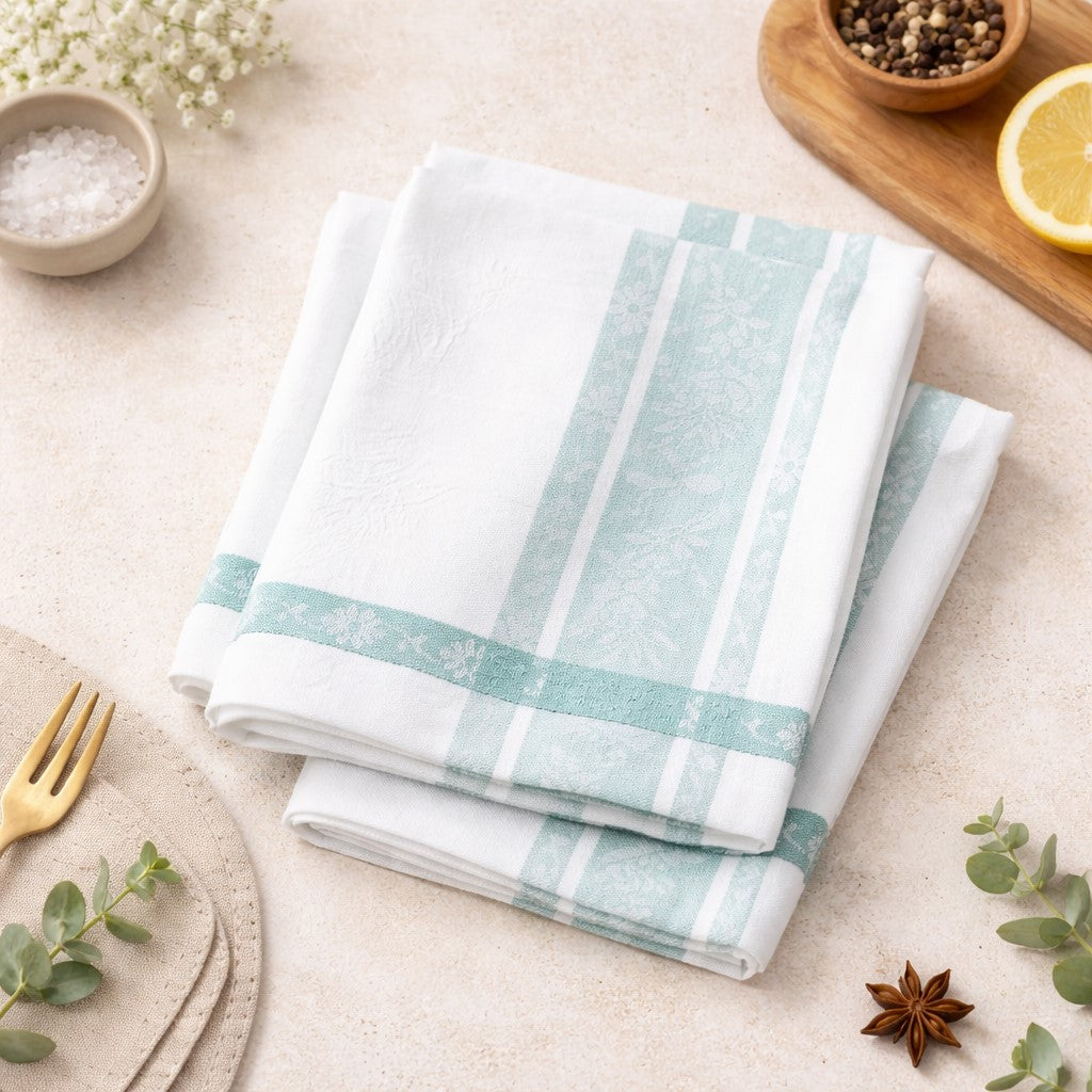 Aqua Jacquard Napkin, 18 by 18 inch cotton napkin with soft aqua striping and botanical detailing for dining decor