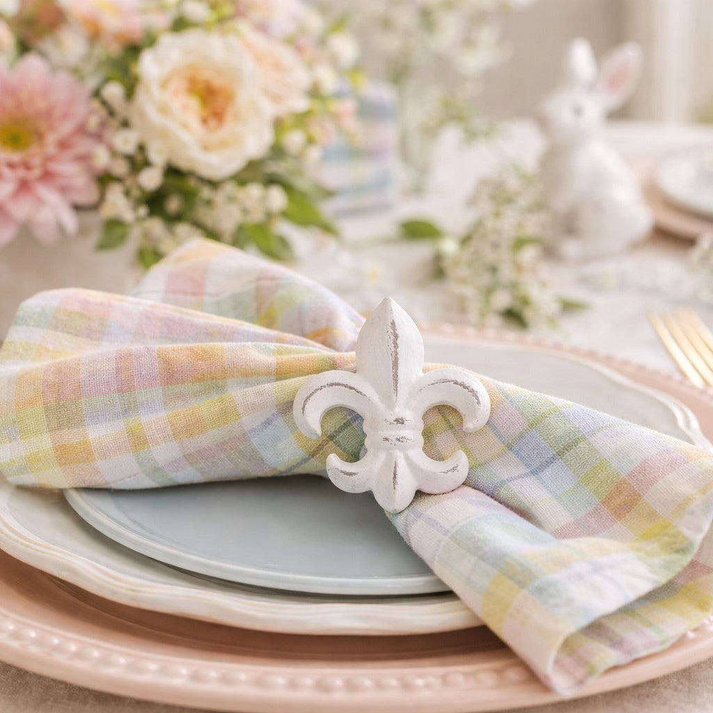 Fleur de Lis Napkin Rings Set of 4 - Antique White French Table Decor