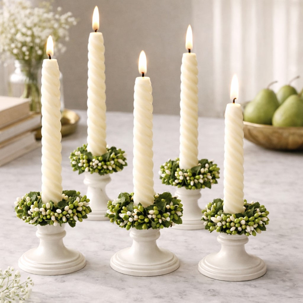 Olive and Cream Pip Berry Ring, 3 inch candle ring or napkin ring with green and cream berries for table decor