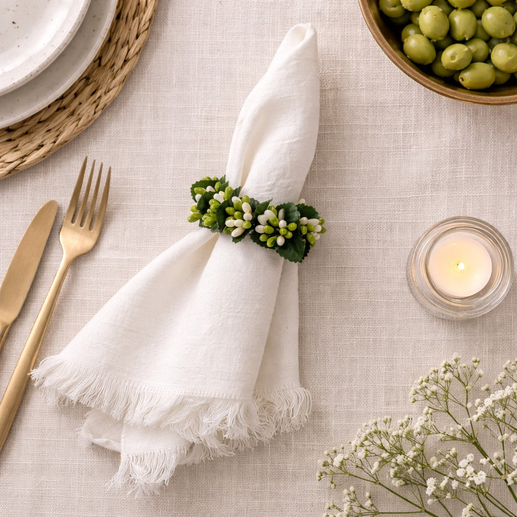 Olive and Cream Pip Berry Ring, 3 inch candle ring or napkin ring with green and cream berries for table decor