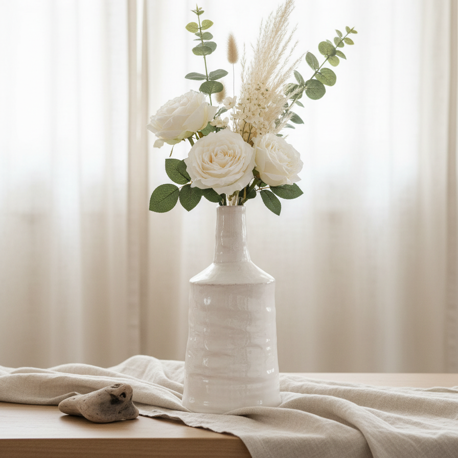 Organic White Ceramic Vase 10.5" - Tall Matte White Vase with Ridged Texture