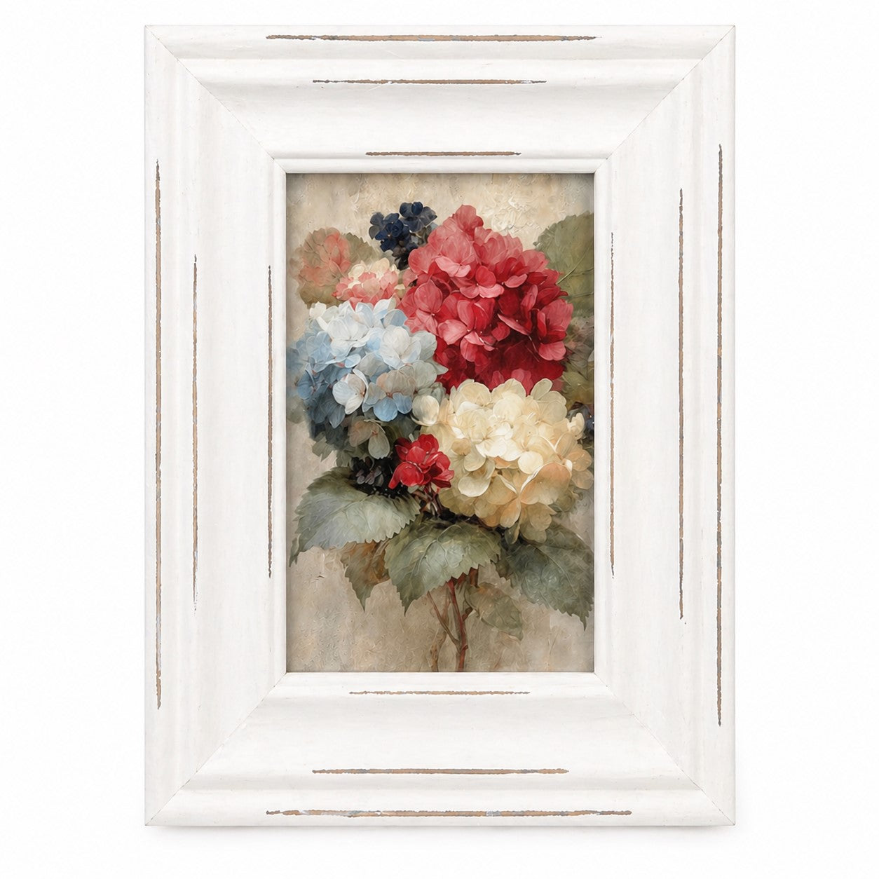 Framed artwork of colorful patriotic hydrangeas on a white background