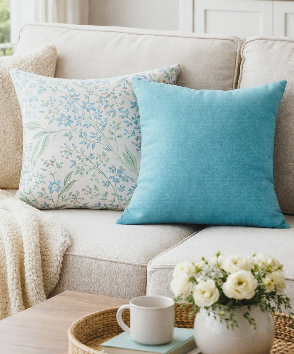 Blue Meadow & Sky pillow cover set with botanical floral print and teal solid, 16x16 inches, polyester with concealed zipper.