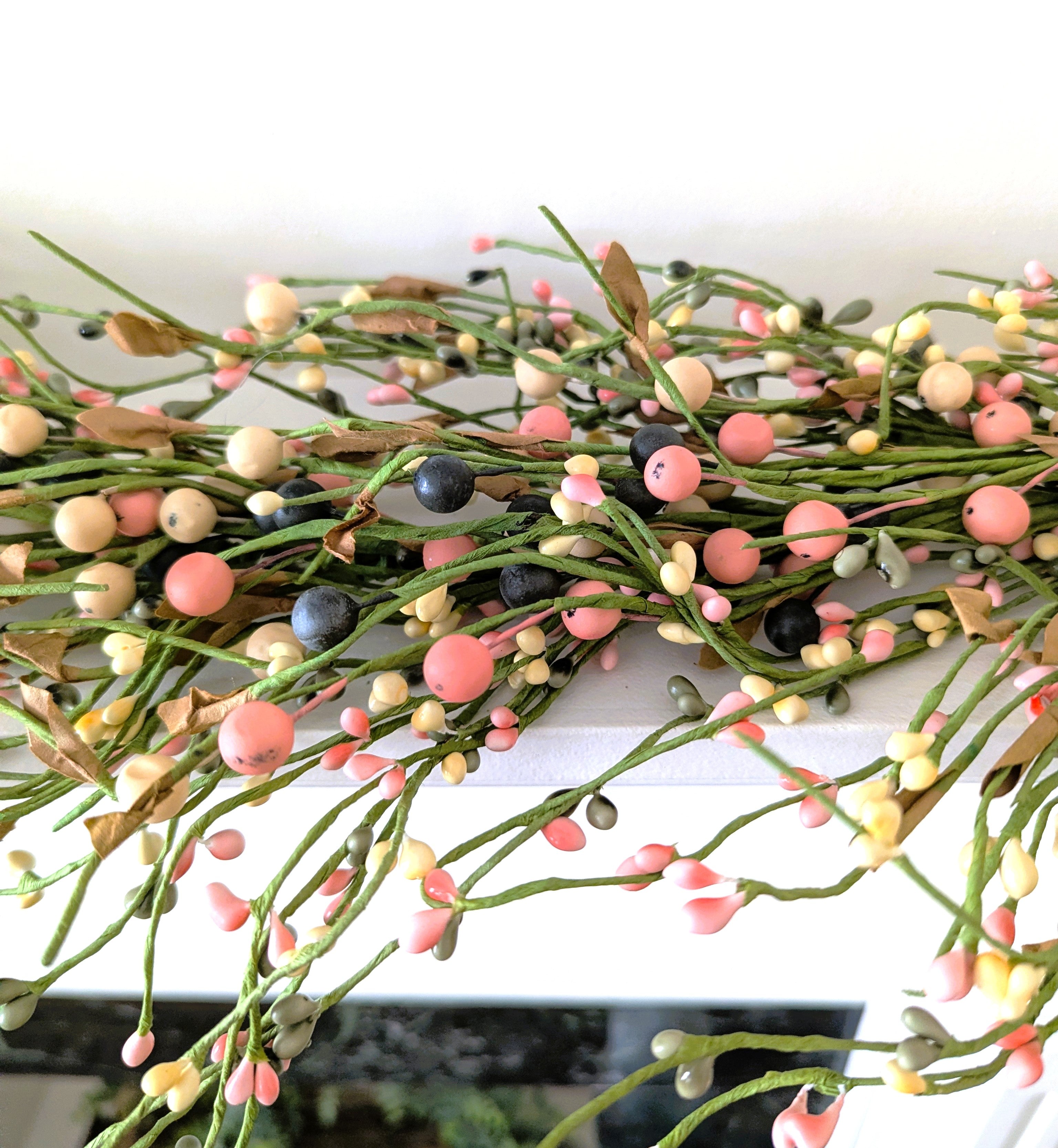 Mixed pip berry garland with green, blush, and cream berries and leaves, 53 inches long, French country farmhouse spring decor