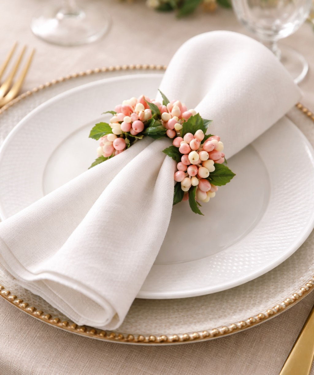 Petite blush pink and cream pip berry candle ring with greenery, 1.5 inch opening, spring table decor and napkin ring