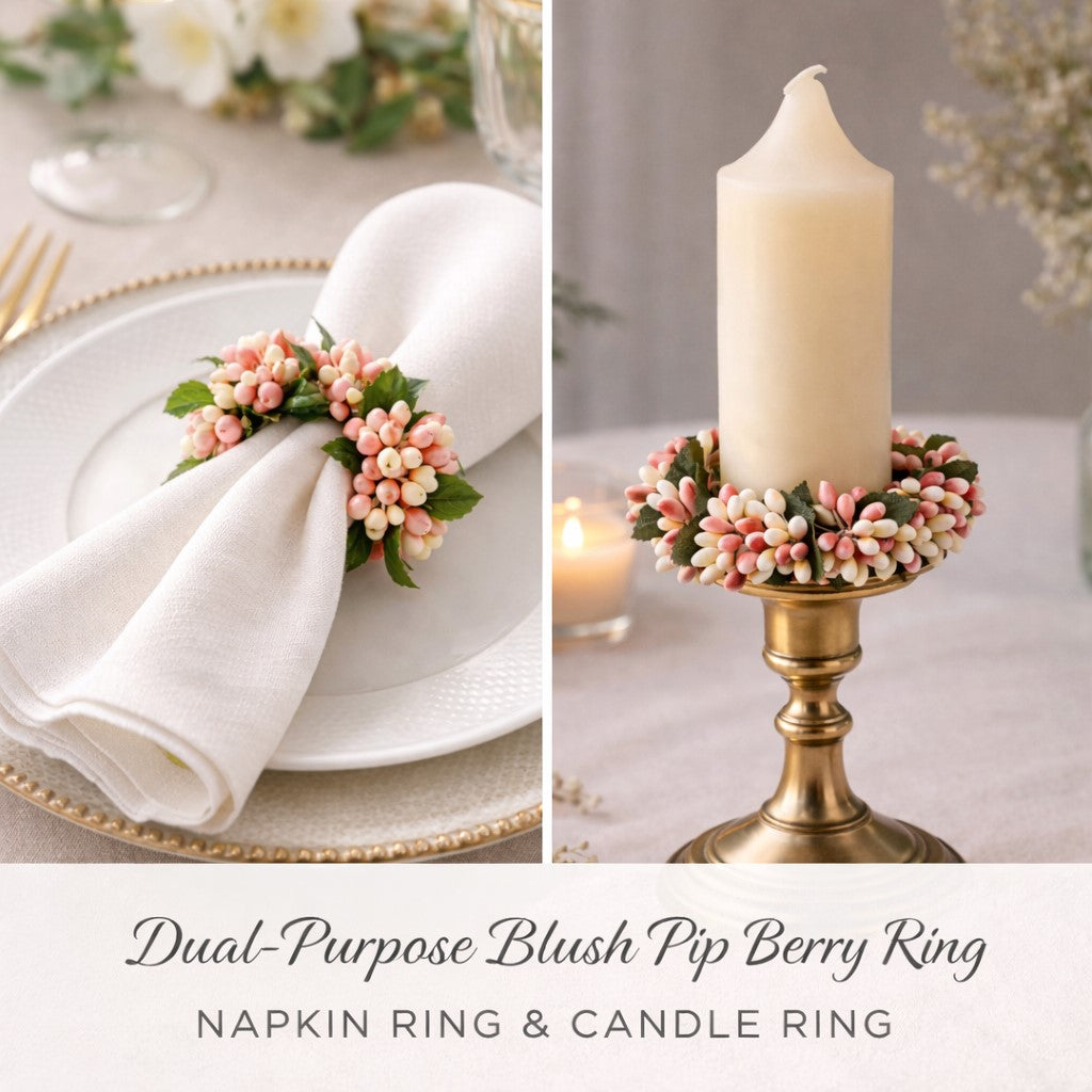 Petite blush pink and cream pip berry candle ring with greenery, 1.5 inch opening, spring table decor and napkin ring