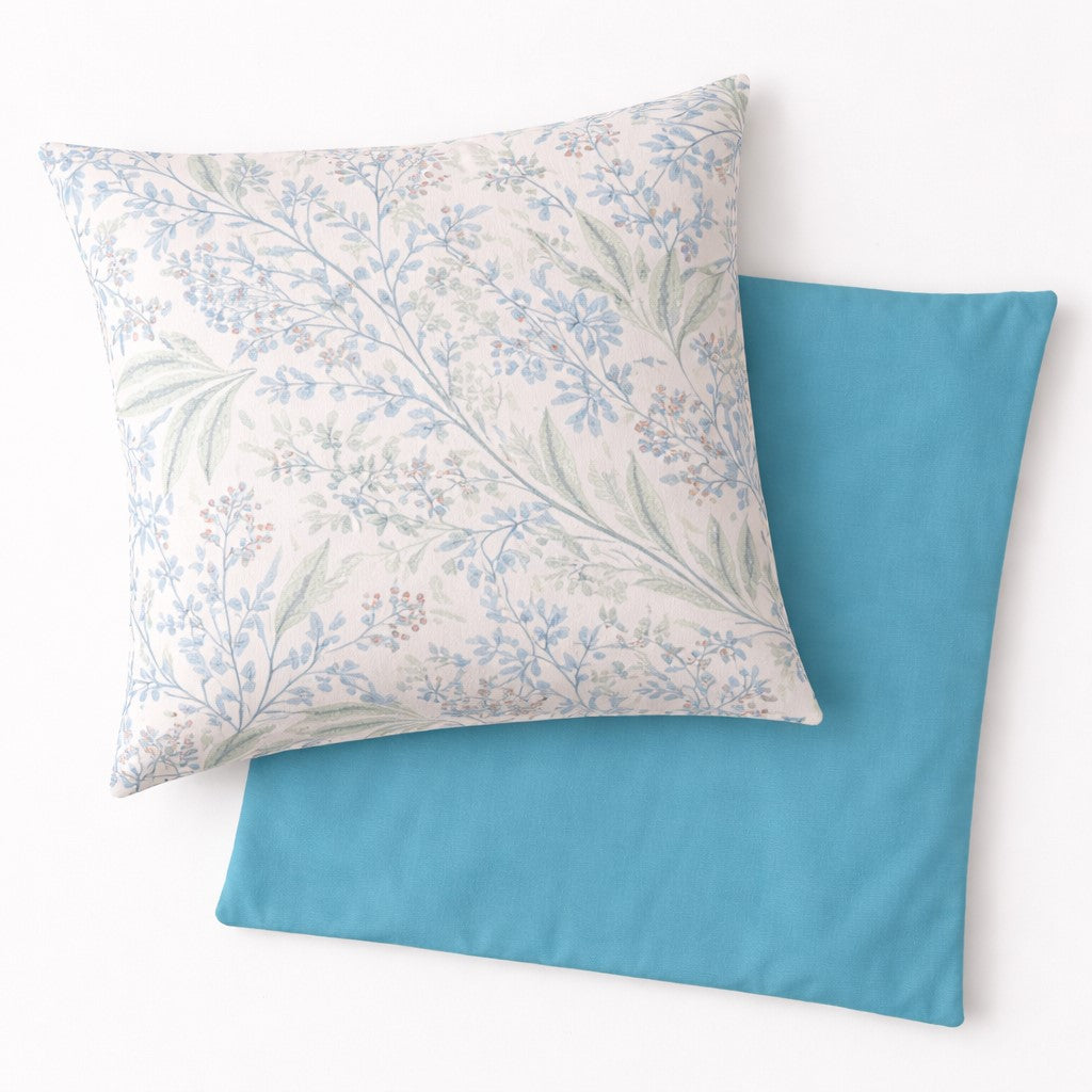 Blue Meadow & Sky pillow cover set with botanical floral print and teal solid, 16x16 inches, polyester with concealed zipper.