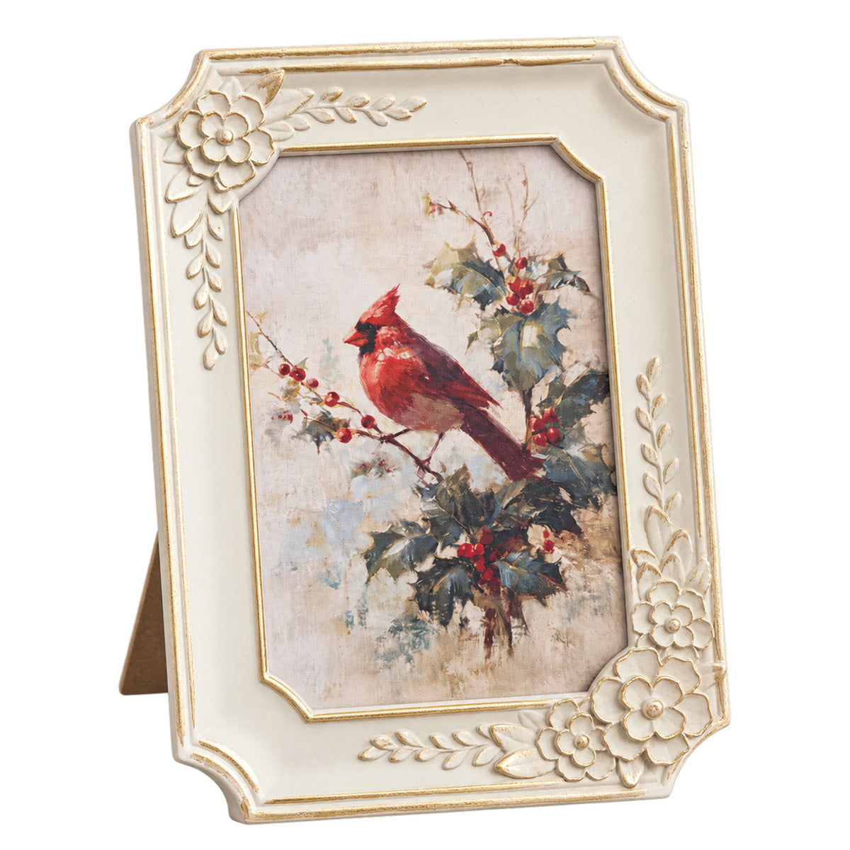 Winter Cardinal & Holly Framed Art } 4×6 Ivory Floral Frame