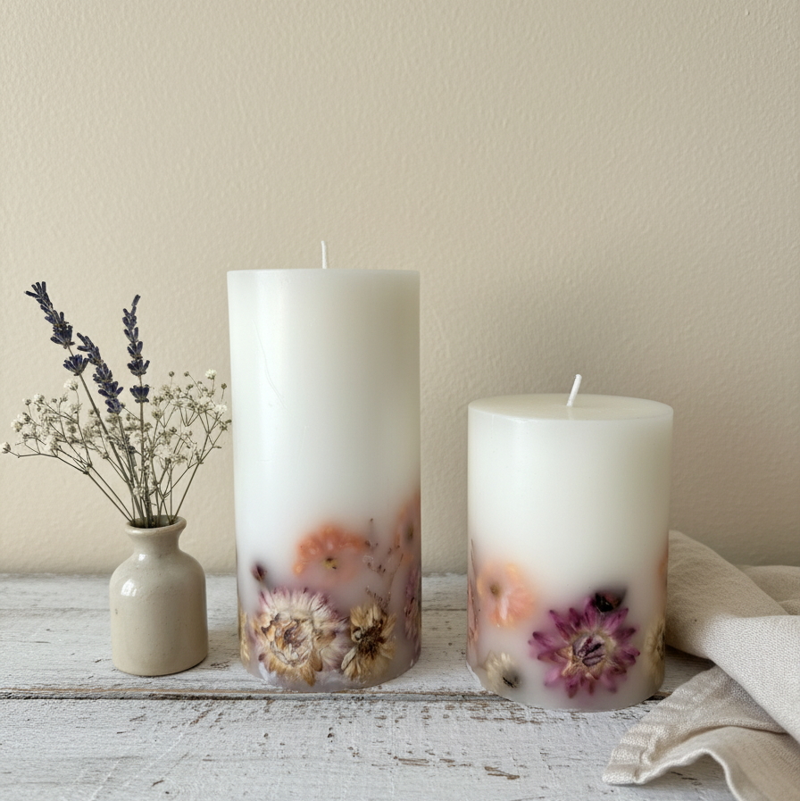 Small botanical pressed flower pillar candle natural wax farmhouse accent