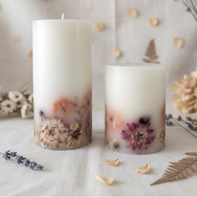 Pressed flower pillar candle small botanical wax candle farmhouse decor