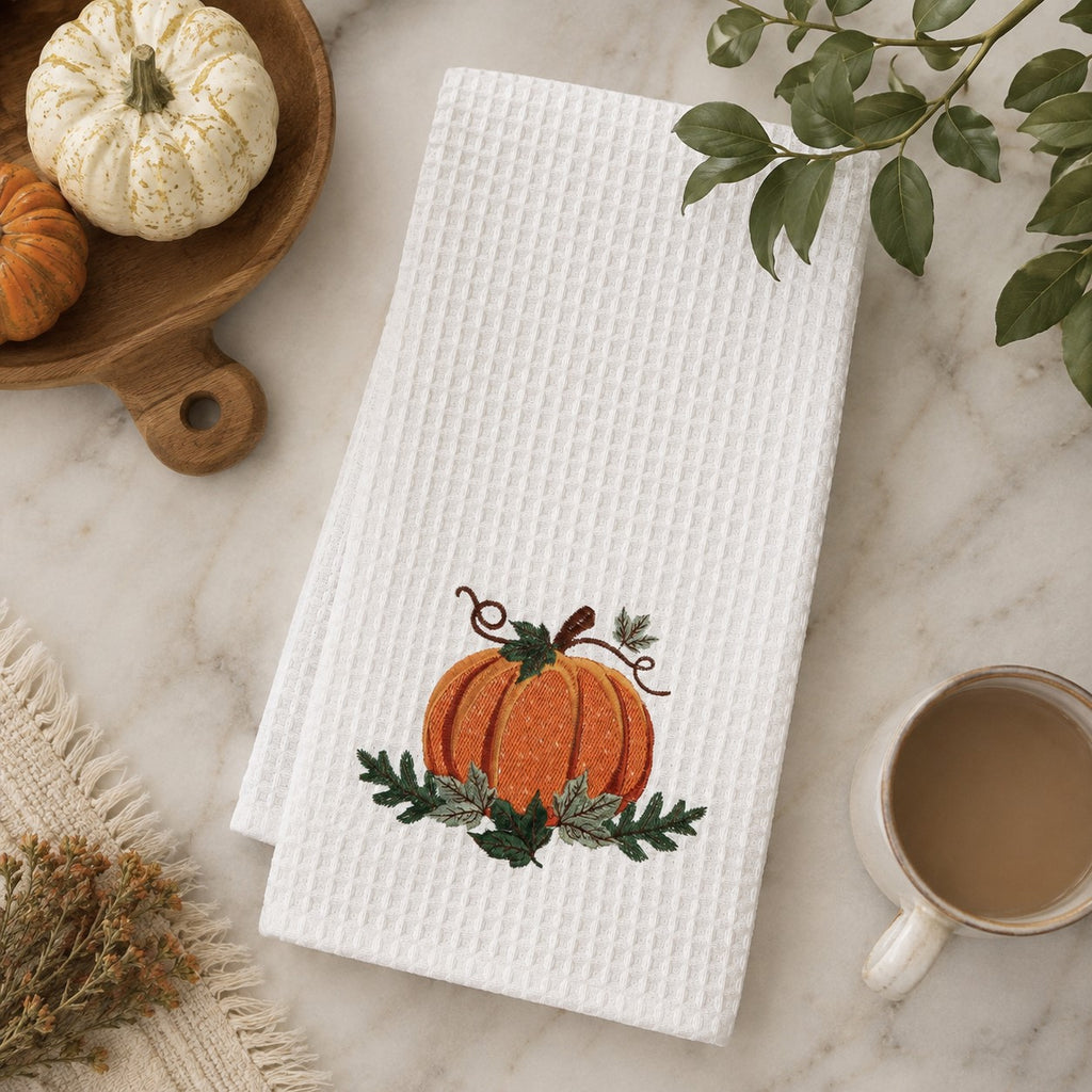 Pumpkin Embroidered Waffle Weave Kitchen Towel