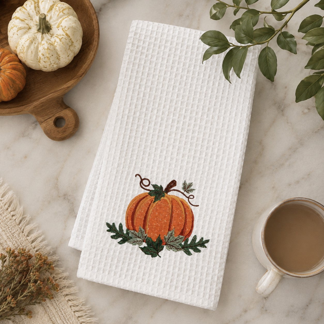 Pumpkin Embroidered Waffle Weave Kitchen Towel