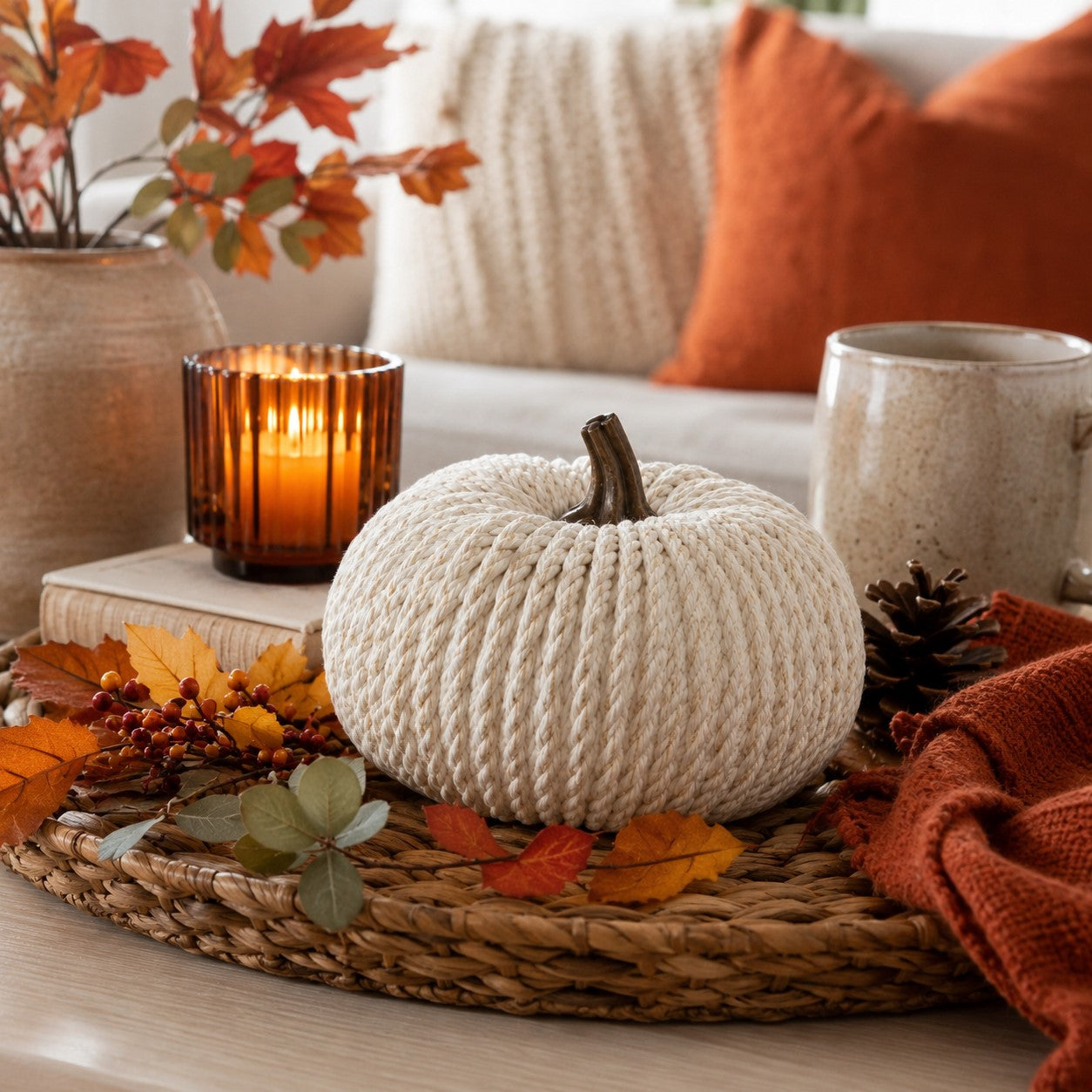 A cream-colored rope-wrapped decorative pumpkin sits on a woven tray in a cozy fall-themed setting, surrounded by autumn leaves, a lit amber candle, a ceramic mug, and orange throw pillows in the background.