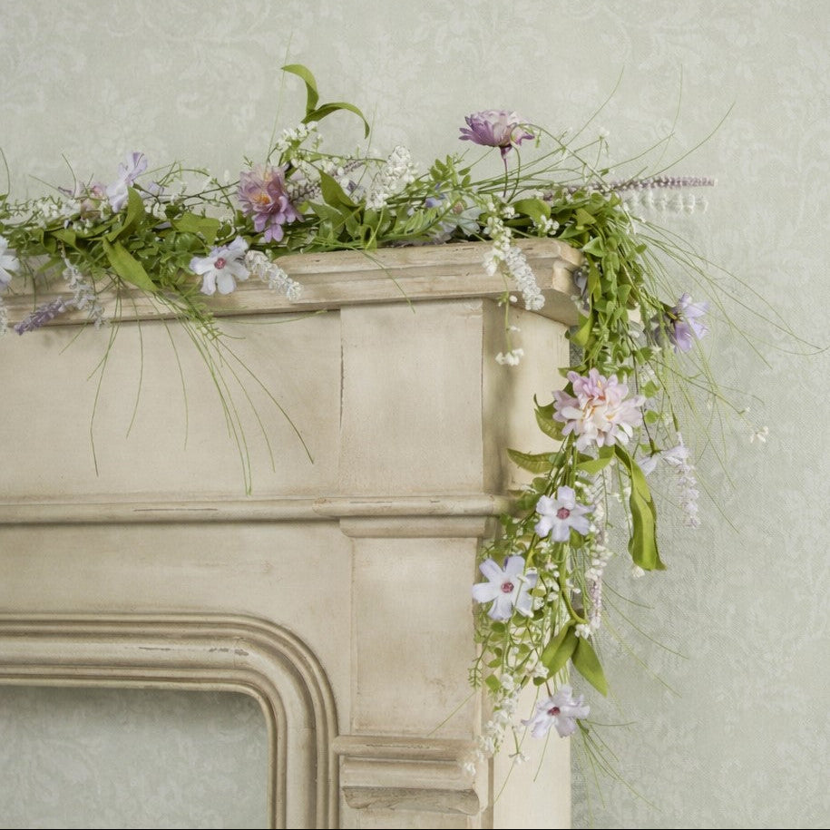 6-foot purple wildflower garland with wispy greenery, decorative accent for mantel, shelf, or tabletop