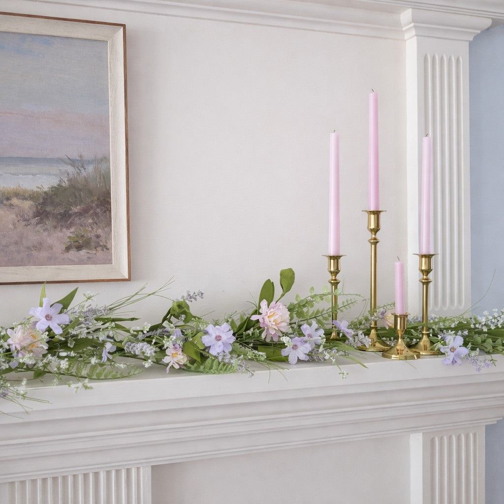 6-foot purple wildflower garland with wispy greenery, decorative accent for mantel, shelf, or tabletop