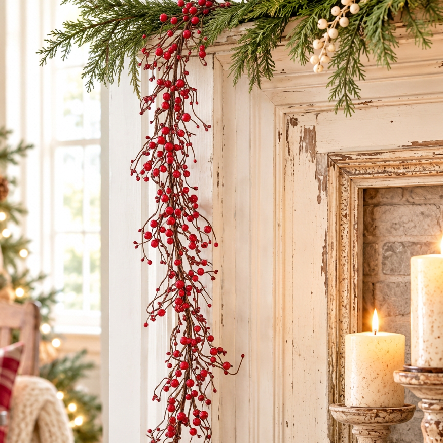 Red berry Christmas garland draped over the edge of a distressed cream mantel