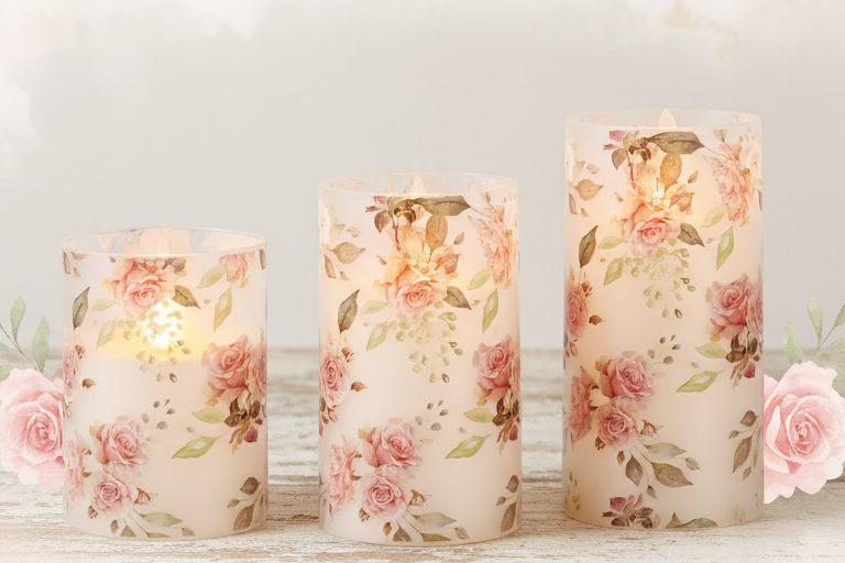Rose Garden LED candle set of 3 showing pink rose details 