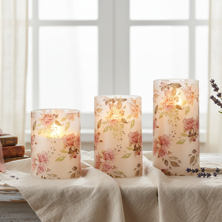 Rose Garden flameless LED candle set of 3 with pink roses