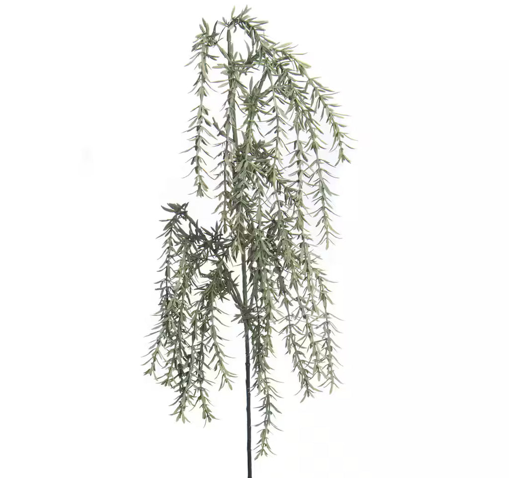 An artificial rosemary stem spray with long, drooping green-gray leaves on a black stem, isolated on a white background