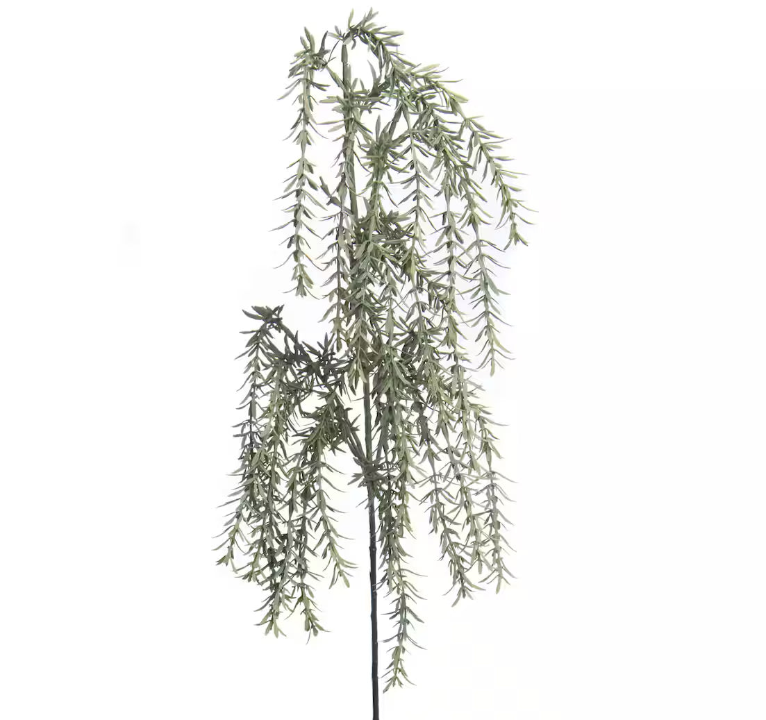 An artificial rosemary stem spray with long, drooping green-gray leaves on a black stem, isolated on a white background