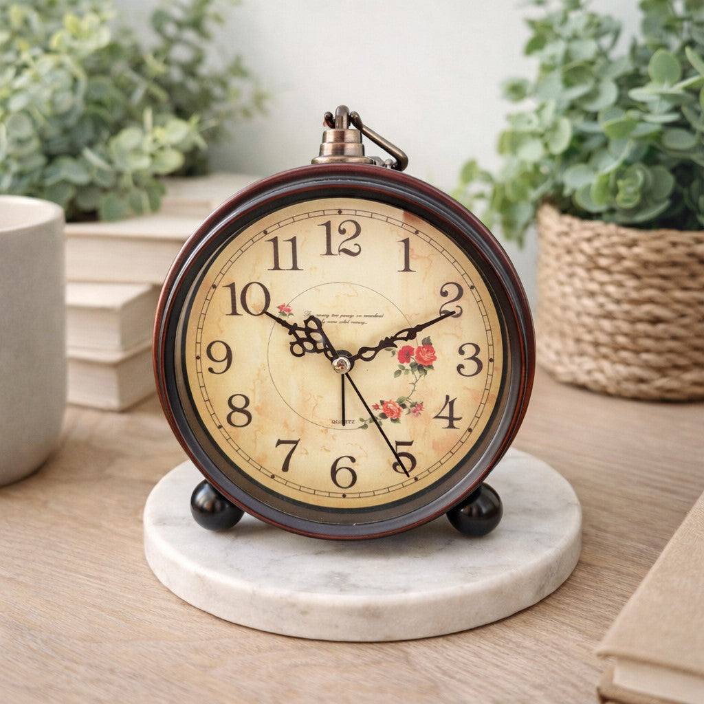 Rosemoor Desk Clock | Vintage Ivory Clock with Floral Detail