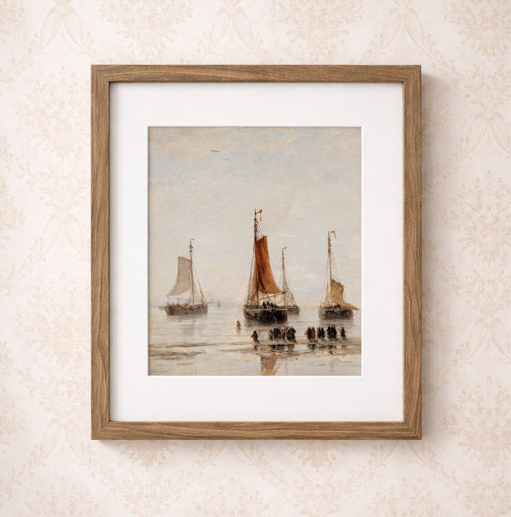 Harbor at Dusk framed art print 11x14 with sailboat in soft blue and neutral tones