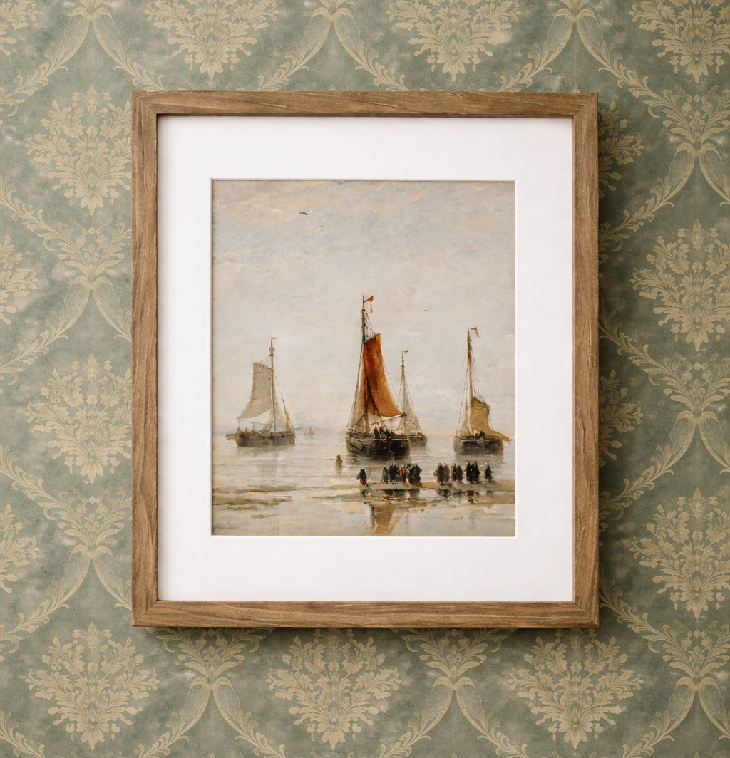 Harbor at Dusk framed art print 11x14 with sailboat in soft blue and neutral tones