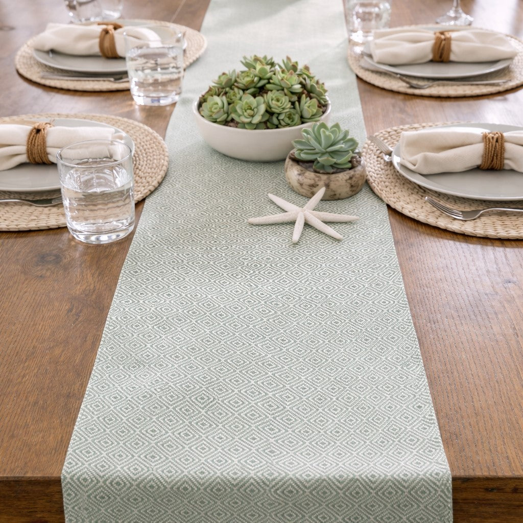 Sea Glass Diamond Table Runner 72 inch with geometric diamond pattern in aqua blue and cream woven texture