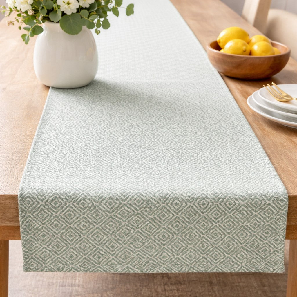 Sea Glass Diamond Table Runner 72 inch with geometric diamond pattern in aqua blue and cream woven texture