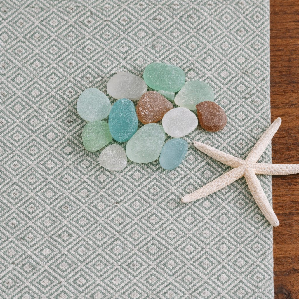 Sea Glass Diamond Table Runner 72 inch with geometric diamond pattern in aqua blue and cream woven texture