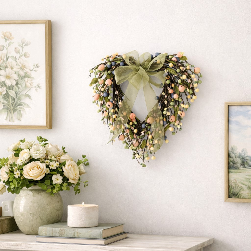 Small peach berry heart shaped wreath 14 inch with delicate berries for spring decor