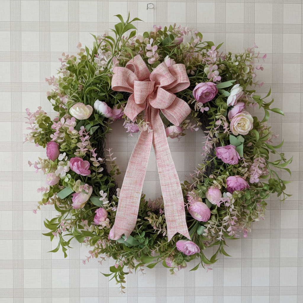 Spring wreath on plaid wallpaper
