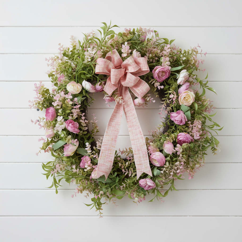 Spring wreath on white shiplap wall