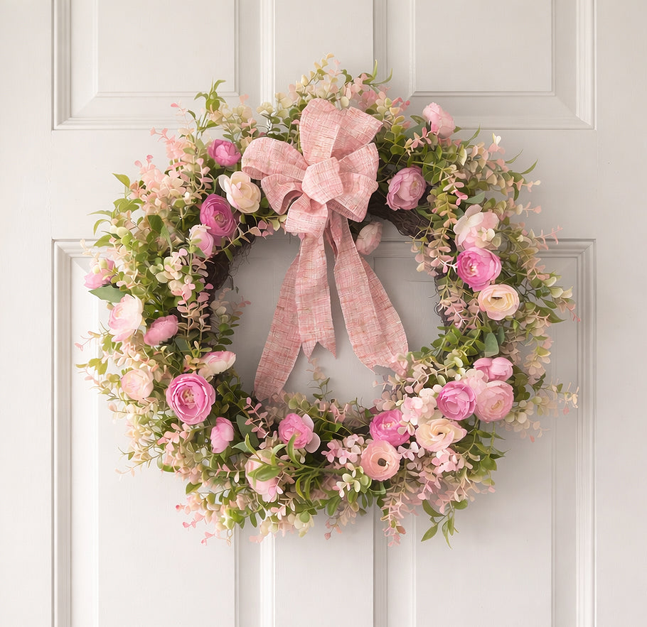 Blush garden spring wreath with pink roses and white hydrangeas, 18 inches, wall or door decor