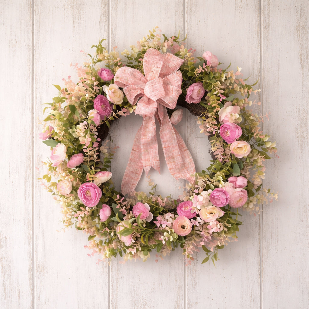 Blush garden spring wreath with pink roses and white hydrangeas, 18 inches, wall or door decor
