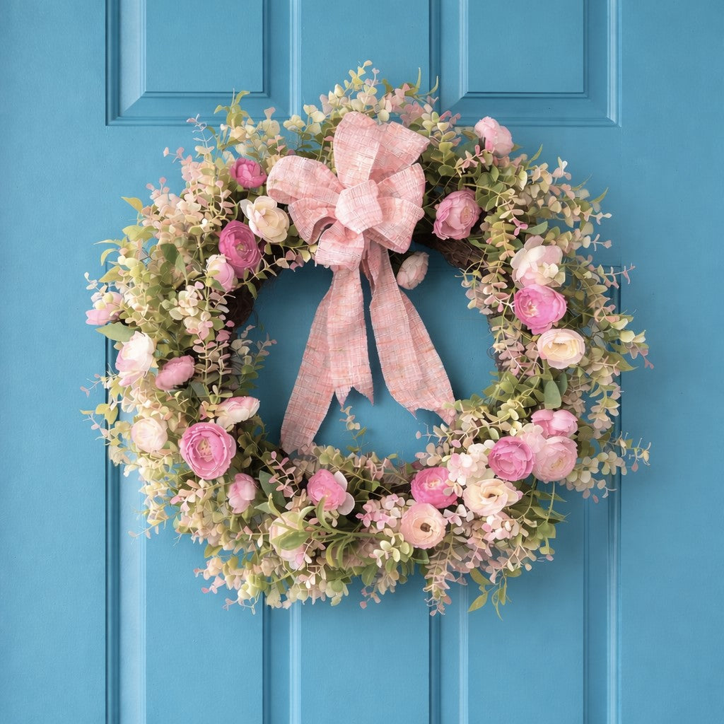 Blush garden spring wreath with pink roses and white hydrangeas, 18 inches, wall or door decor