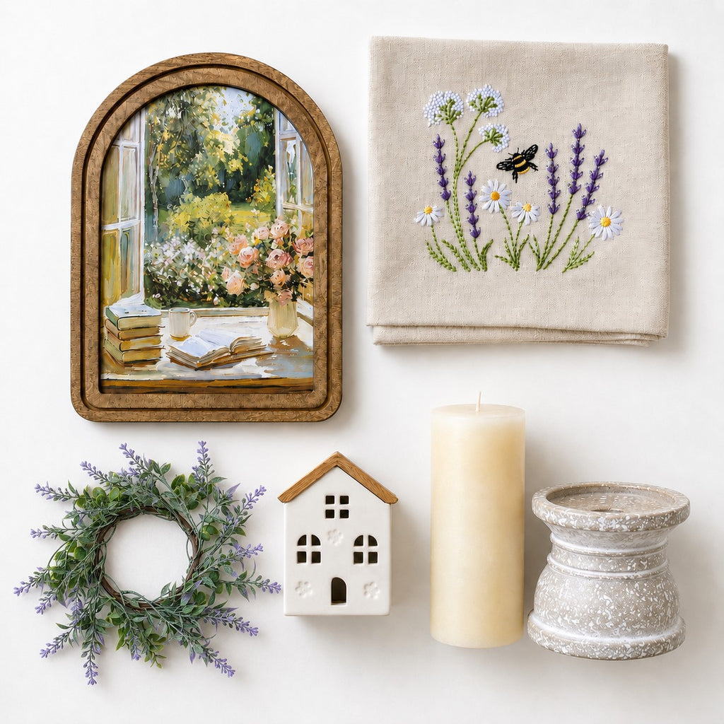 sunlit garden framed art, mini LED house, lavender and bee kitchen towel, speckled gray candle holder, ivory pillar candle, and lavender candle ring, sold as set, Summer in a Box decor