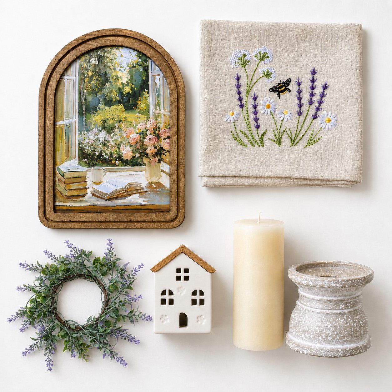 sunlit garden framed art, mini LED house, lavender and bee kitchen towel, speckled gray candle holder, ivory pillar candle, and lavender candle ring, sold as set, Summer in a Box decor